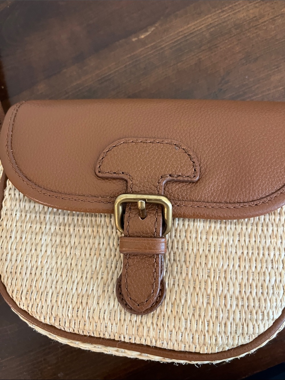 Woven Straw Saddle Crossbody Bag with Brown Leather Trim - Picture 8 of 10